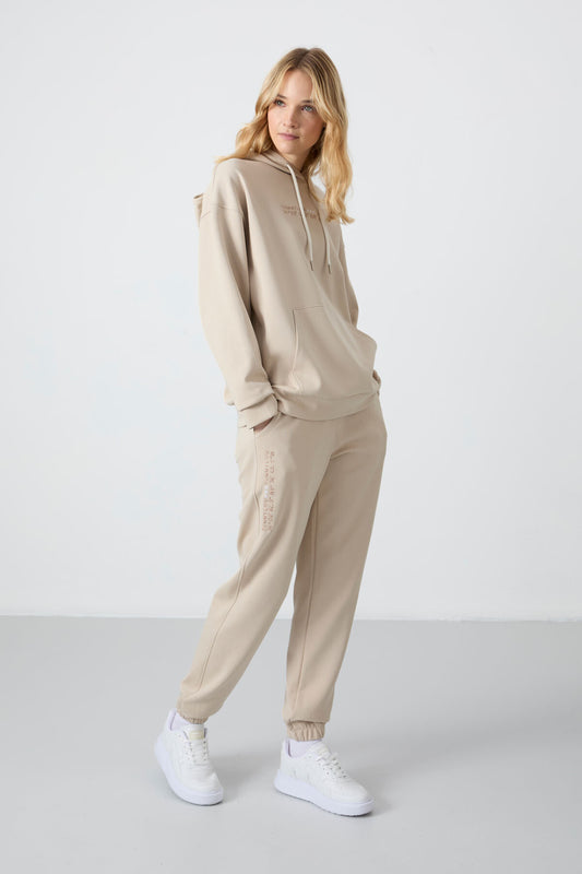 Oversize Hooded Kangaroo Pocket Elastic Cuff Women's Tracksuit Set - 95288