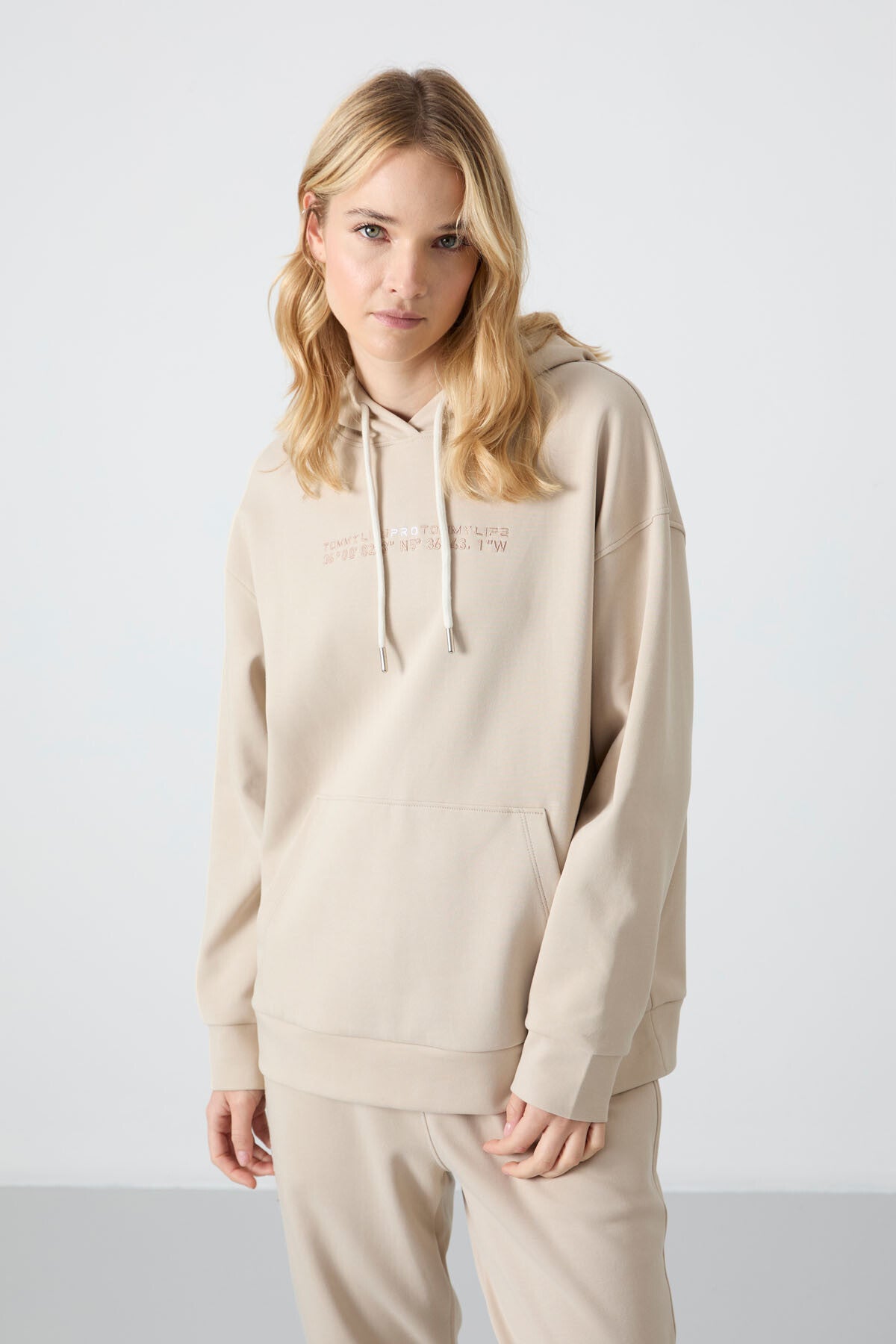 Oversize Hooded Kangaroo Pocket Elastic Cuff Women's Tracksuit Set - 95288