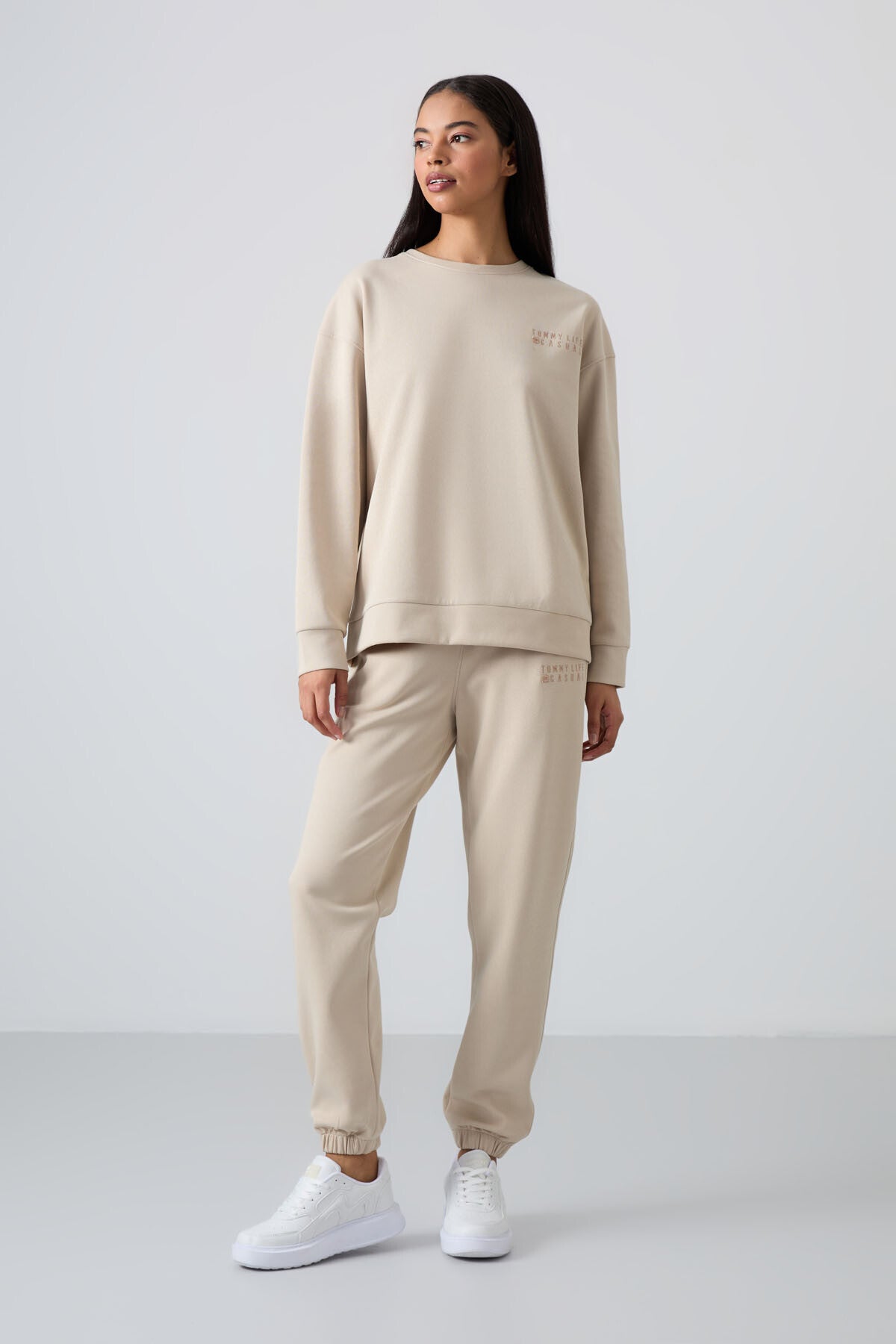 Bej Basic Cotton O Neck Oversize Elastic Cuff Women's Tracksuit Set - 95287
