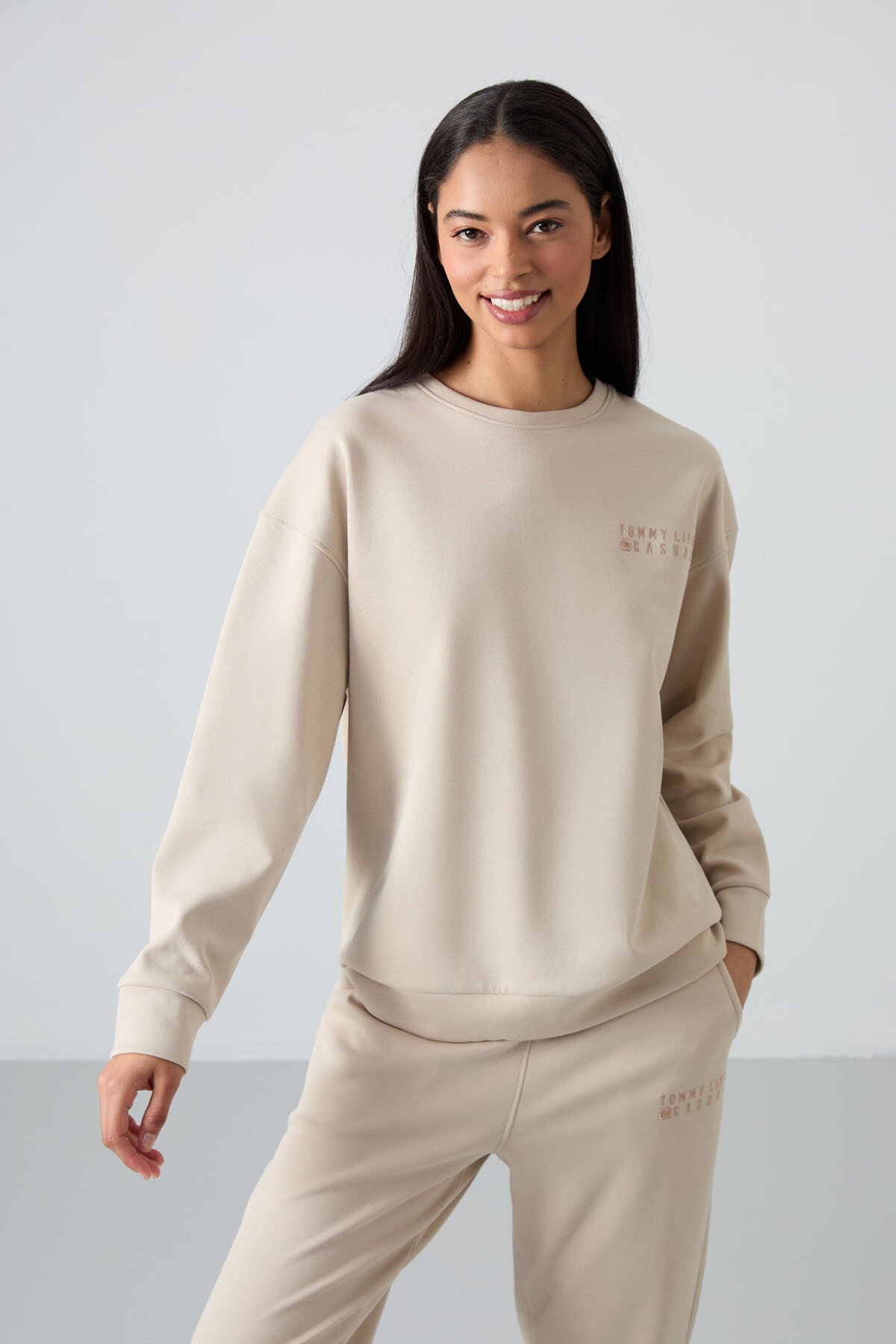 Bej Basic Cotton O Neck Oversize Elastic Cuff Women's Tracksuit Set - 95287