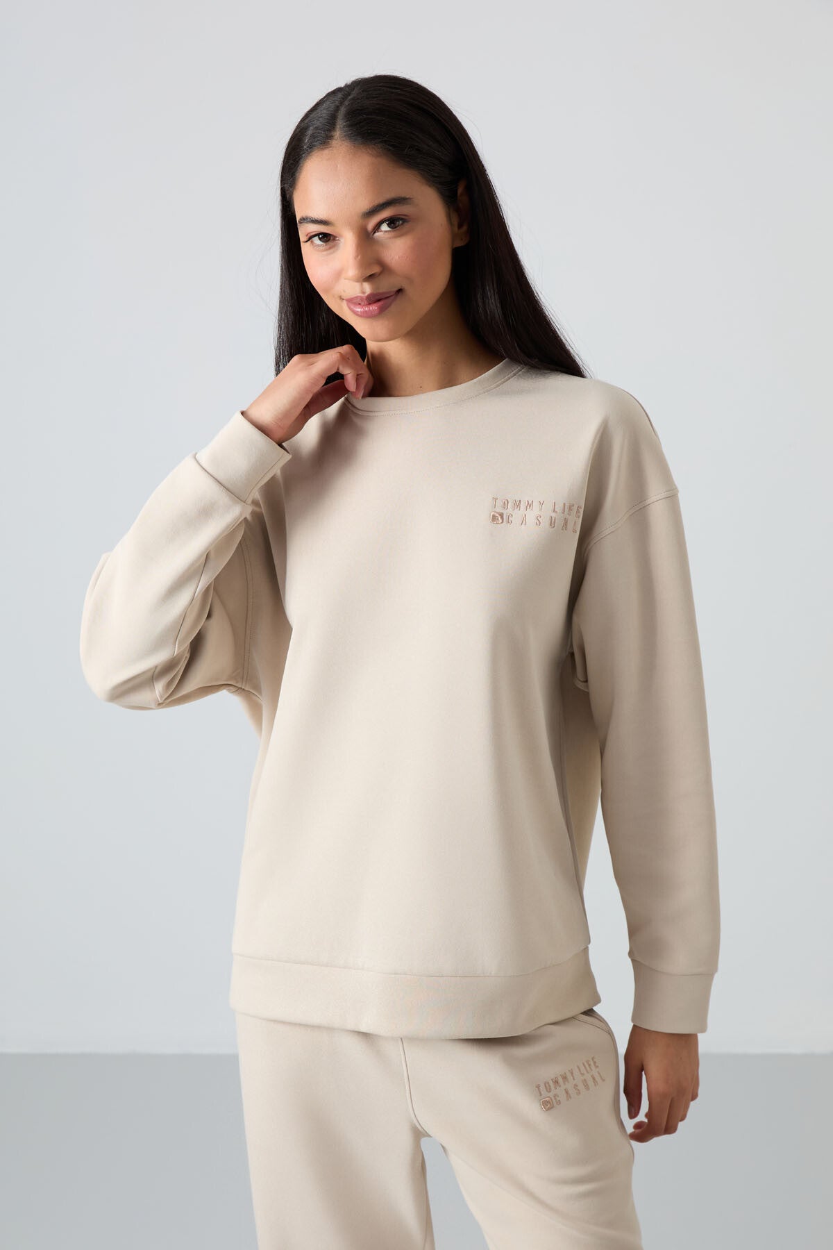 Bej Basic Cotton O Neck Oversize Elastic Cuff Women's Tracksuit Set - 95287