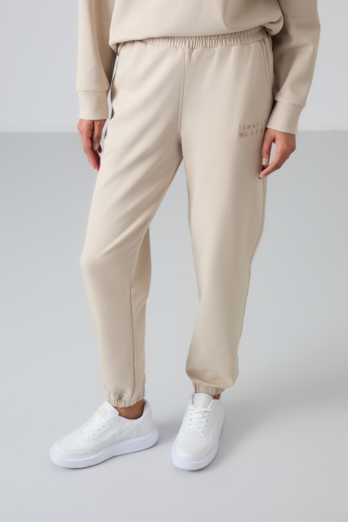 Bej Basic Cotton O Neck Oversize Elastic Cuff Women's Tracksuit Set - 95287
