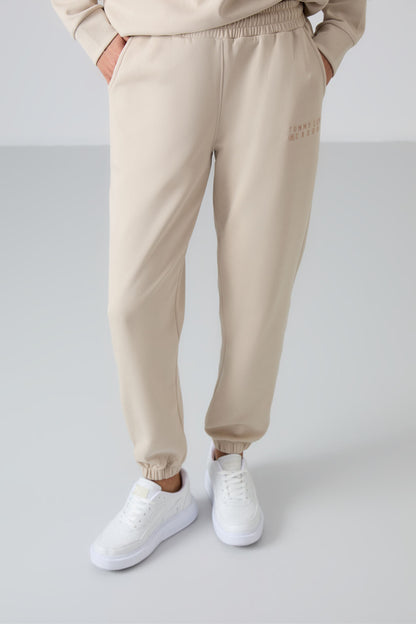 Bej Basic Cotton O Neck Oversize Elastic Cuff Women's Tracksuit Set - 95287