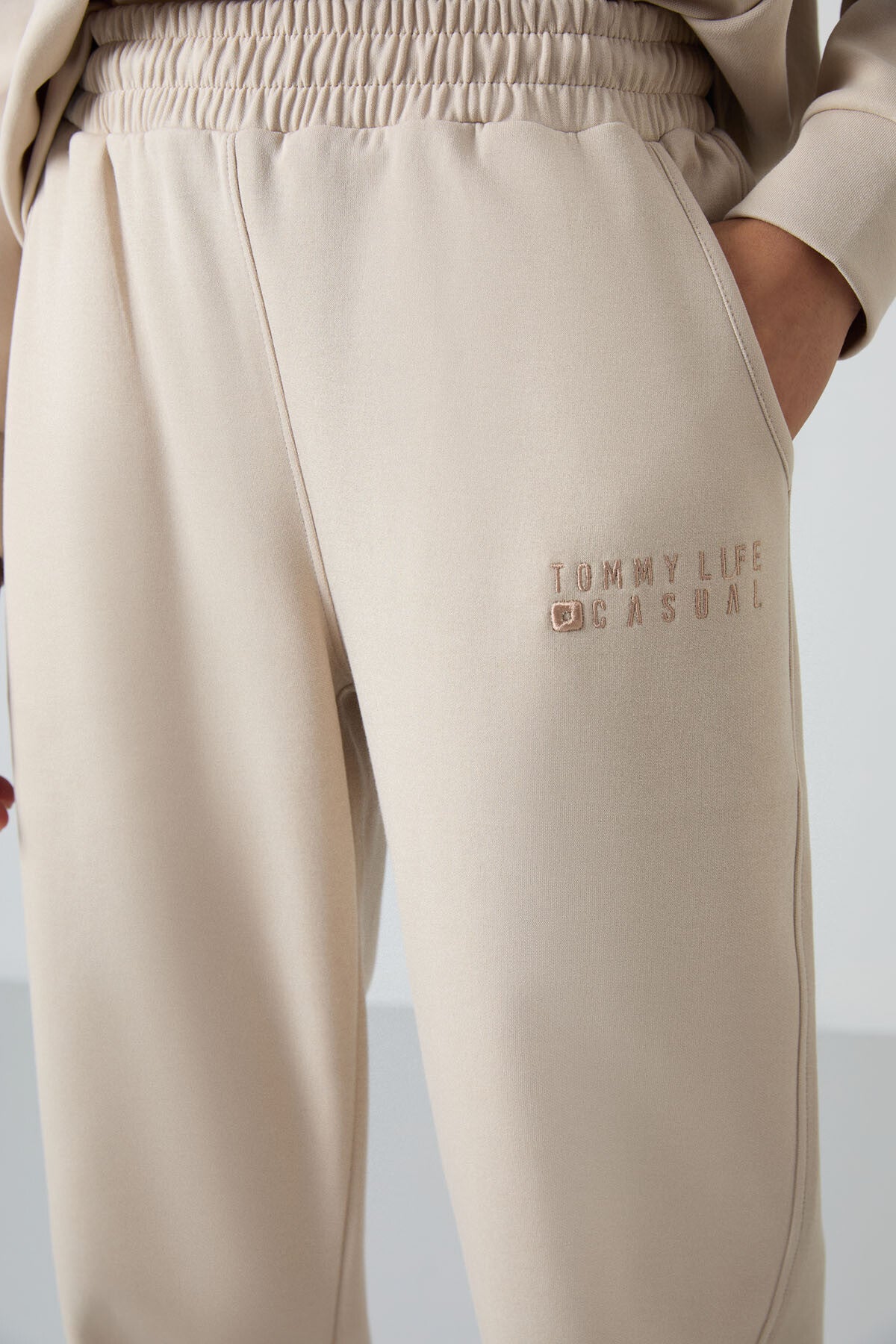 Bej Basic Cotton O Neck Oversize Elastic Cuff Women's Tracksuit Set - 95287
