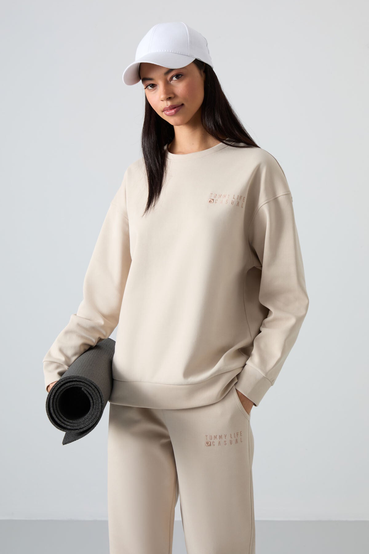 Bej Basic Cotton O Neck Oversize Elastic Cuff Women's Tracksuit Set - 95287