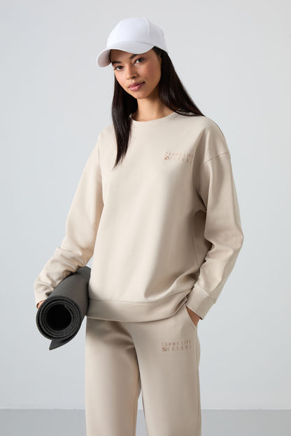 Bej Basic Cotton O Neck Oversize Elastic Cuff Women's Tracksuit Set - 95287