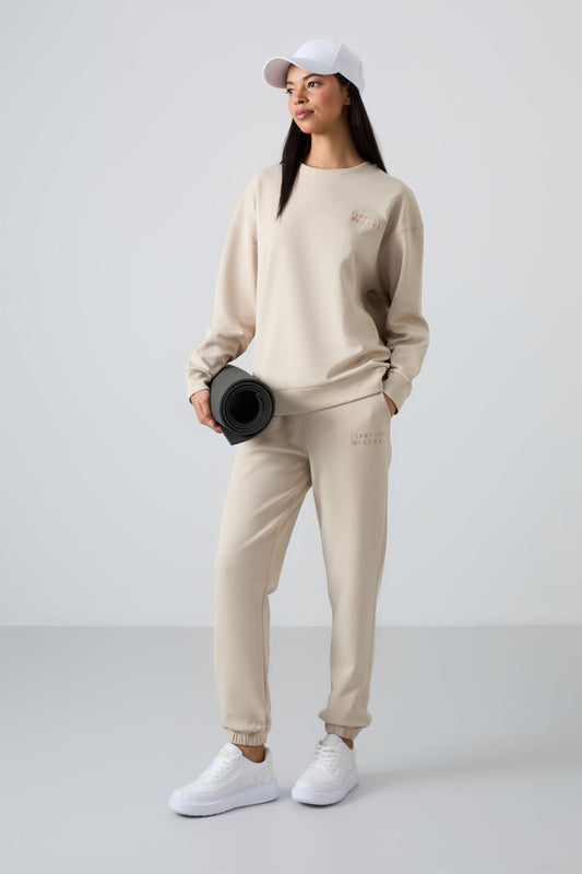 Bej Basic Cotton O Neck Oversize Elastic Cuff Women's Tracksuit Set - 95287