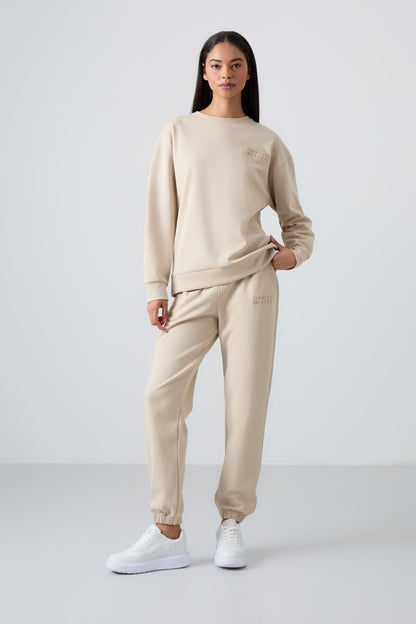 Bej Basic Cotton O Neck Oversize Elastic Cuff Women's Tracksuit Set - 95287