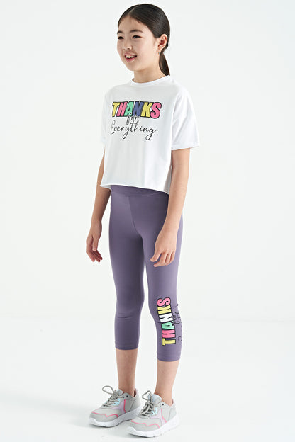 White - Light Lavender Print Oversize Girls' Crop Tights Set - 75133