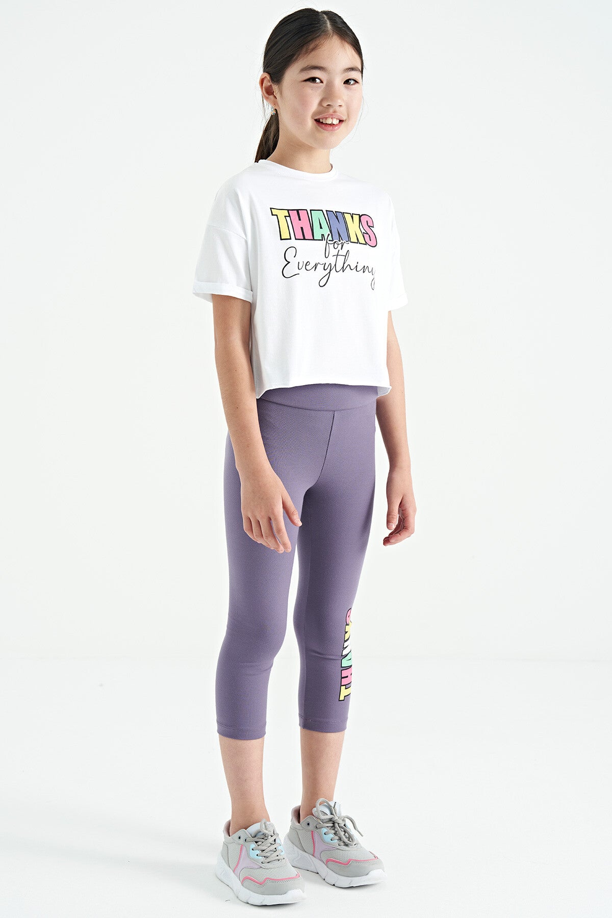 White - Light Lavender Print Oversize Girls' Crop Tights Set - 75133