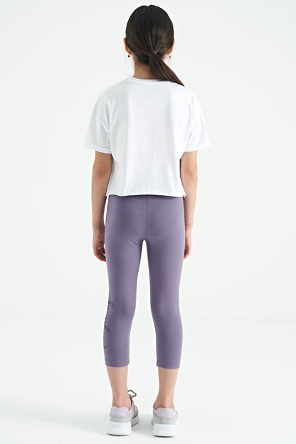 White - Light Lavender Print Oversize Girls' Crop Tights Set - 75133