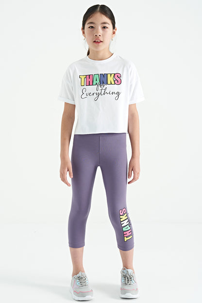 White - Light Lavender Print Oversize Girls' Crop Tights Set - 75133