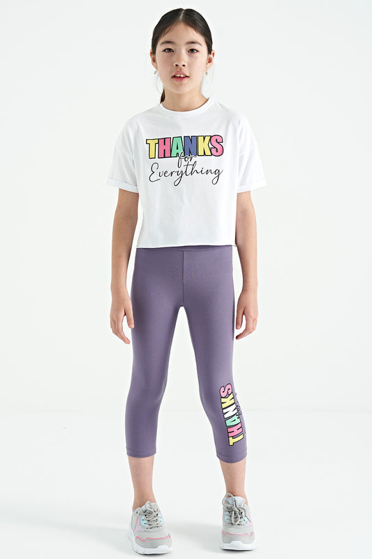 White - Light Lavender Print Oversize Girls' Crop Tights Set - 75133