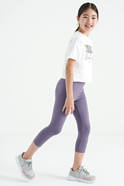 White - Light Lavender Print Oversize Girls' Crop Tights Set - 75133