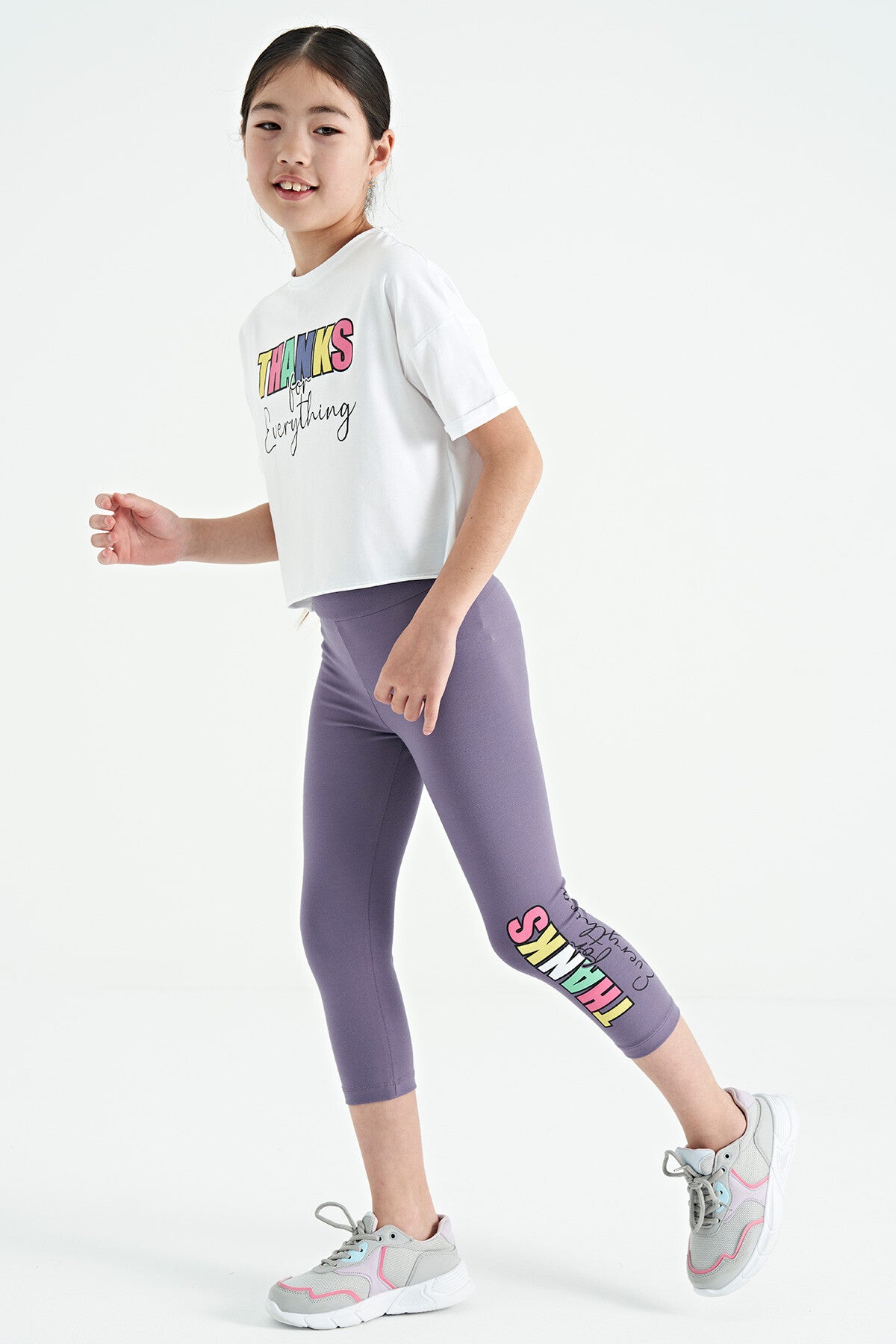 White - Light Lavender Print Oversize Girls' Crop Tights Set - 75133