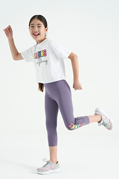White - Light Lavender Print Oversize Girls' Crop Tights Set - 75133