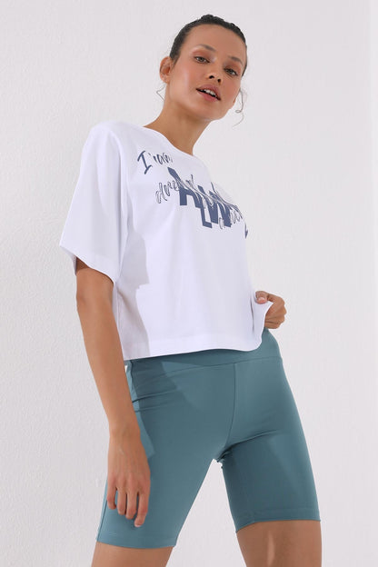 White Asymmetric Print O Collar Women's Oversize T-Shirt - 97136