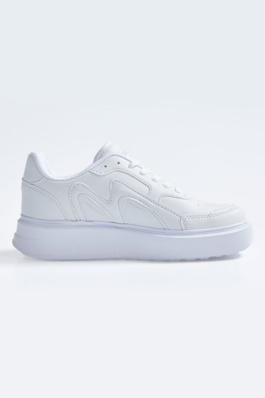 White Laced High Sole PU Leather Women's Sports Shoes - 89200