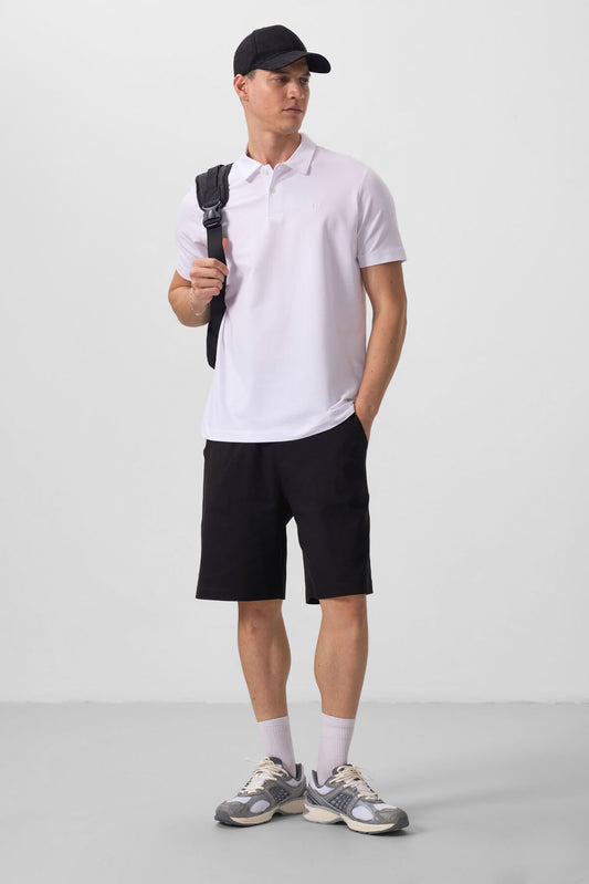White Basic Chest Logo Standard Fit Knitted Polo Collar Men's T-Shirt - 87768