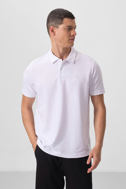 White Basic Chest Logo Standard Fit Knitted Polo Collar Men's T-Shirt - 87768
