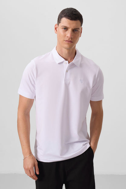 White Basic Chest Logo Standard Fit Knitted Polo Collar Men's T-Shirt - 87768