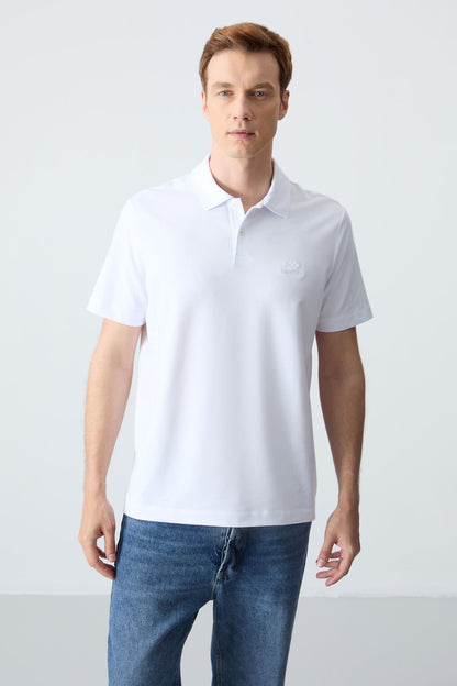 White Basic Logo Standard Mold Knitted Polo Collar Men's T-Shirt - 87748