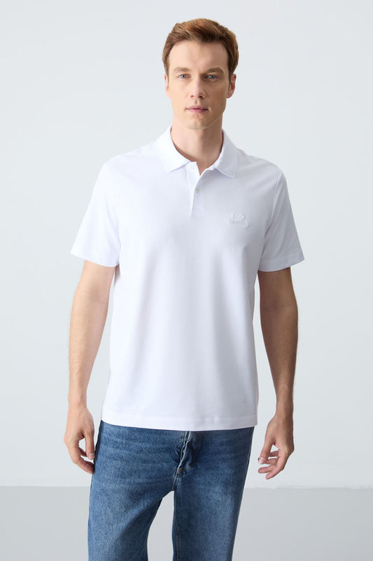 White Basic Logo Standard Mold Knitted Polo Collar Men's T-Shirt - 87748