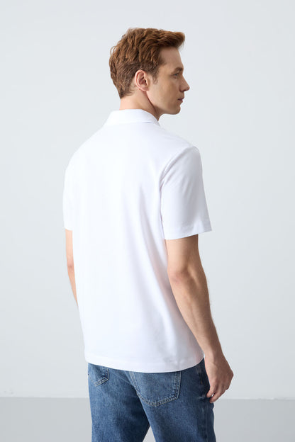 White Basic Logo Standard Mold Knitted Polo Collar Men's T-Shirt - 87748