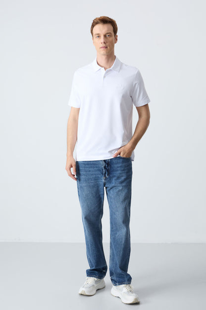 White Basic Logo Standard Mold Knitted Polo Collar Men's T-Shirt - 87748