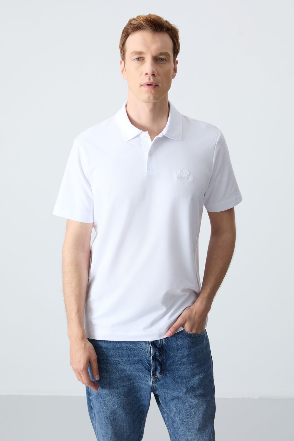 White Basic Logo Standard Mold Knitted Polo Collar Men's T-Shirt - 87748