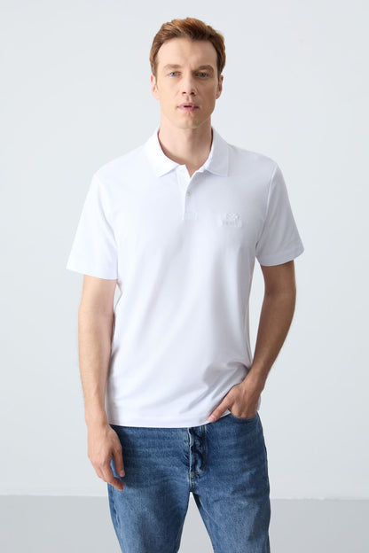 White Basic Logo Standard Mold Knitted Polo Collar Men's T-Shirt - 87748