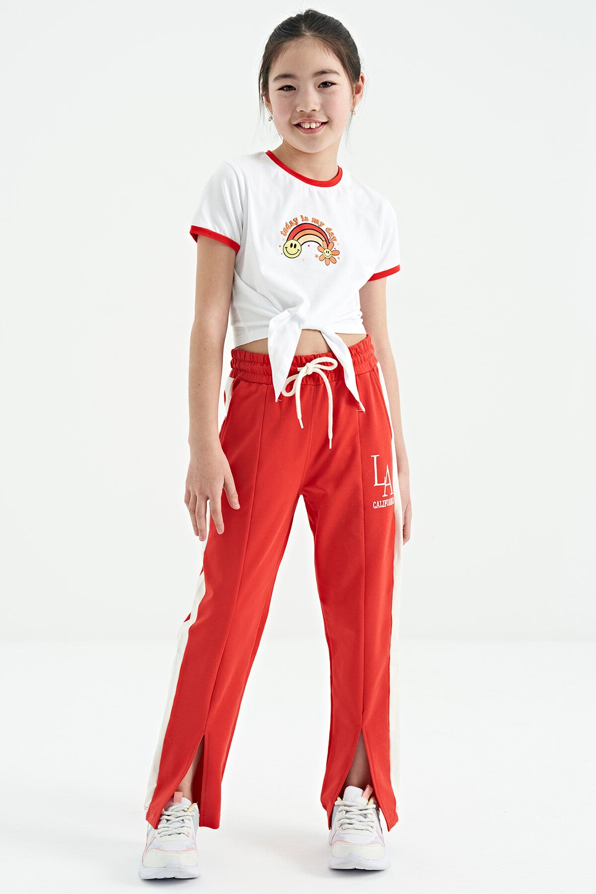 White Print Detailed O Collar Multi-Colored Tie Detailed Girl's T-Shirt - 75113
