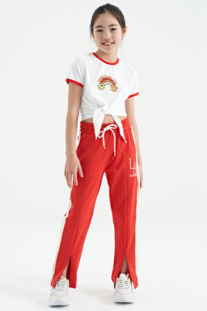 White Print Detailed O Collar Multi-Colored Tie Detailed Girl's T-Shirt - 75113