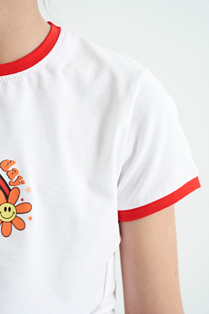 White Print Detailed O Collar Multi-Colored Tie Detailed Girl's T-Shirt - 75113