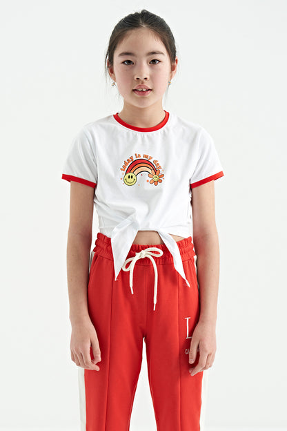 White Print Detailed O Collar Multi-Colored Tie Detailed Girl's T-Shirt - 75113