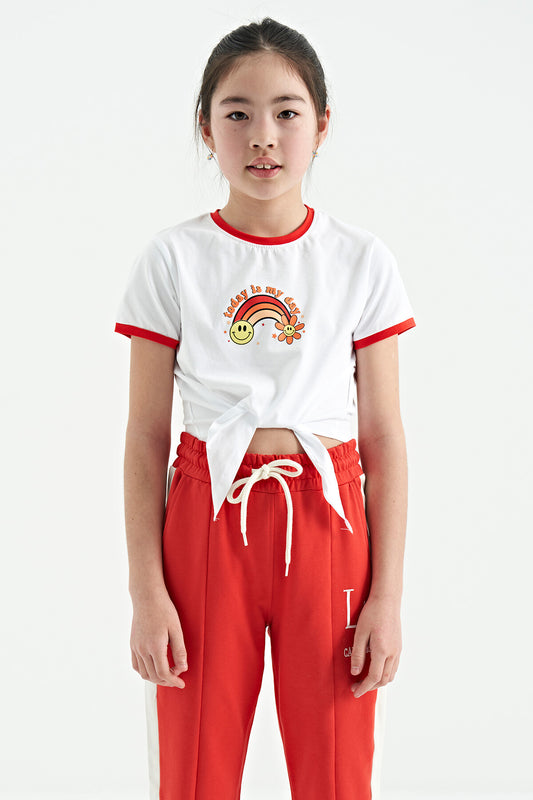 White Print Detailed O Collar Multi-Colored Tie Detailed Girl's T-Shirt - 75113