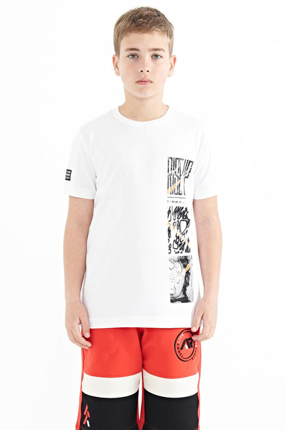White Print Detailed O Collar Standard Fit Boys T-Shirt - 11104