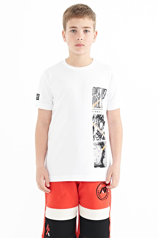White Print Detailed O Collar Standard Fit Boys T-Shirt - 11104