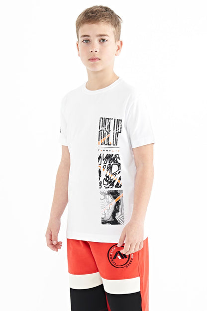 White Print Detailed O Collar Standard Fit Boys T-Shirt - 11104