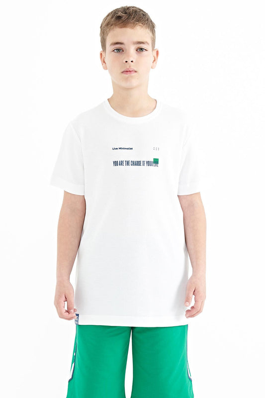 White Print Detailed O Collar Standard Fit Men's Kids T-Shirt - 11117