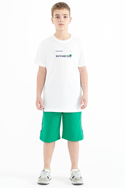 White Print Detailed O Collar Standard Fit Men's Kids T-Shirt - 11117