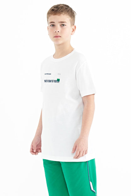 White Print Detailed O Collar Standard Fit Men's Kids T-Shirt - 11117