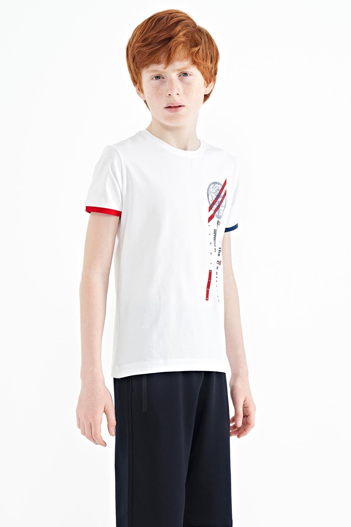 White Print Detailed O Collar Standard Fit Boys T-Shirt - 11131