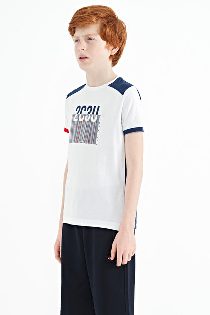 White Print Detailed O Collar Standard Fit Boys' T-Shirt - 11157