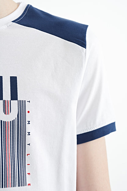 White Print Detailed O Collar Standard Fit Boys' T-Shirt - 11157
