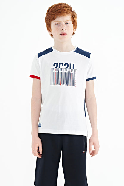 White Print Detailed O Collar Standard Fit Boys' T-Shirt - 11157