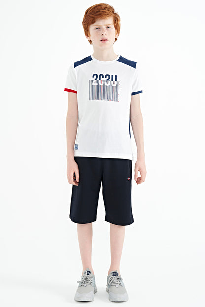 White Print Detailed O Collar Standard Fit Boys' T-Shirt - 11157