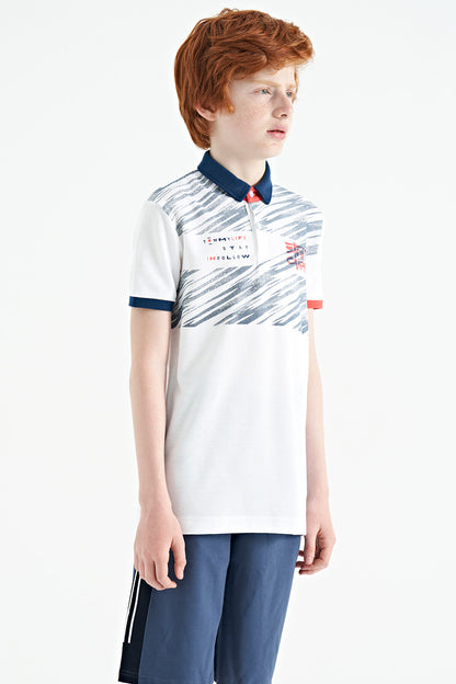 White Print Detailed Polo Collar Standard Fit Boys T-Shirt - 11161