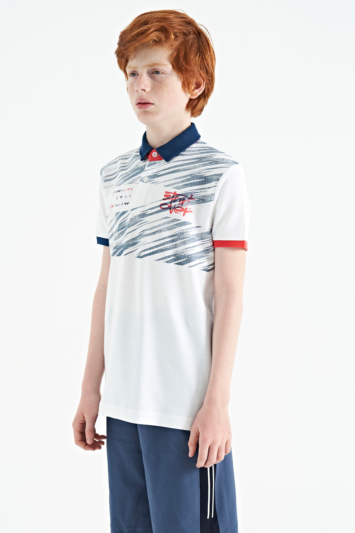 White Print Detailed Polo Collar Standard Fit Boys T-Shirt - 11161