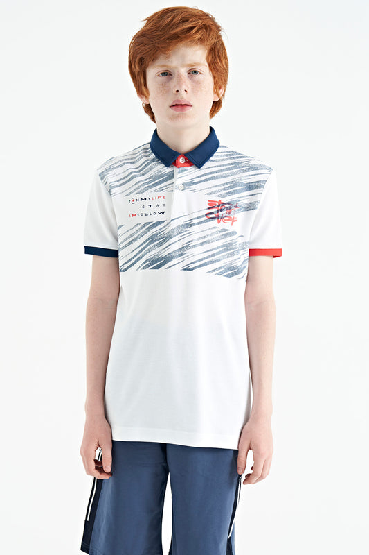 White Print Detailed Polo Collar Standard Fit Boys T-Shirt - 11161